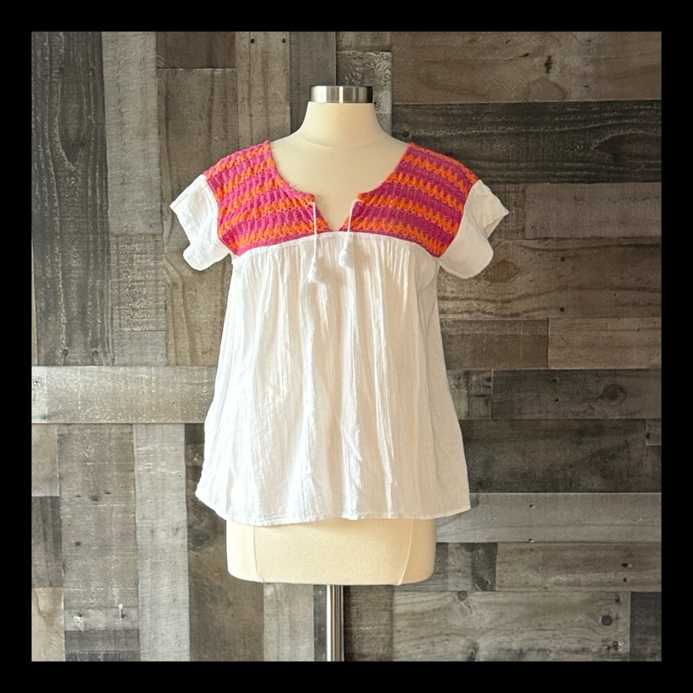White fiesta top large pink orange embroidery festival boho western summer party